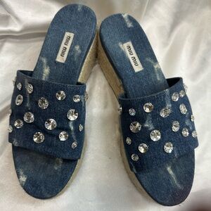 Miu Miu Stylish Denim Platform Sandals with Rhinestones